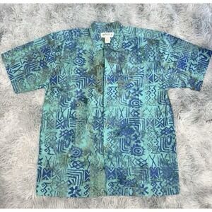 Orvis men's short sleeve Hawaiian shirt blue and green Polynesian print Medium